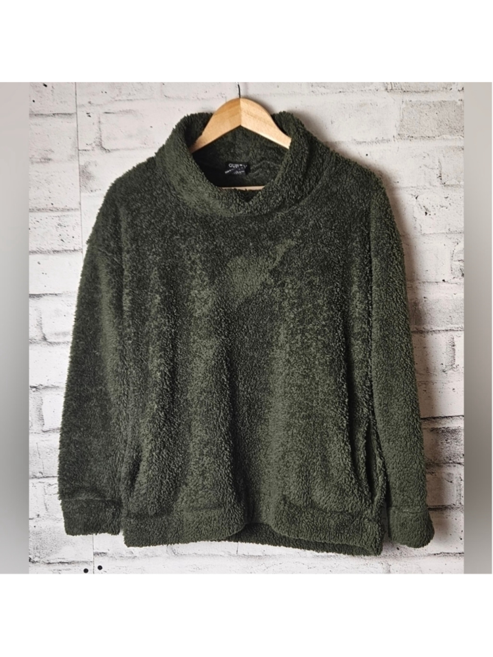 Guilty Olive Green Sherpa Fleece Cowl Neck Pullover Sweater Small Cozy Soft